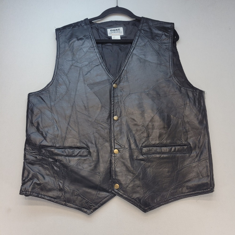 Duke Haband Leather Vest Mens Large Black Patchwork Biker Western